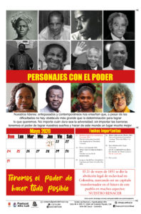 Portada del Almanaque Afro Ñakati con rostros de personajes afro reconocidos, algunos en Colombia, otros en el mundo. Incluye el mes de mayo de 2020, el título "Personajes con el poder" y texto explicativo.